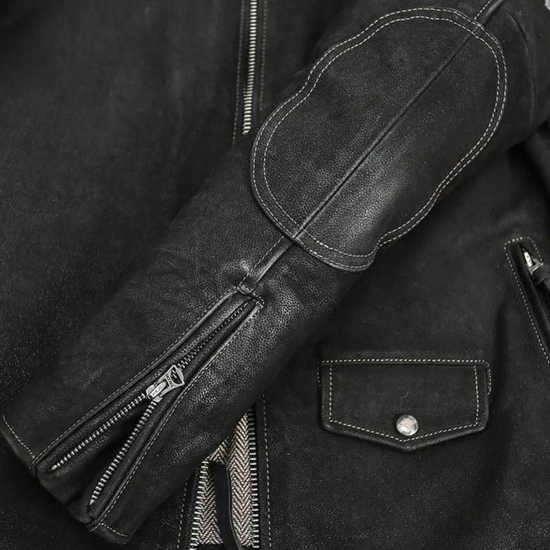 Black Spring Leather Jacket Men Sports Style Plus Size 4XL Genuine Natural Cow Suede Stand Collar Slim Fit Leather Coat