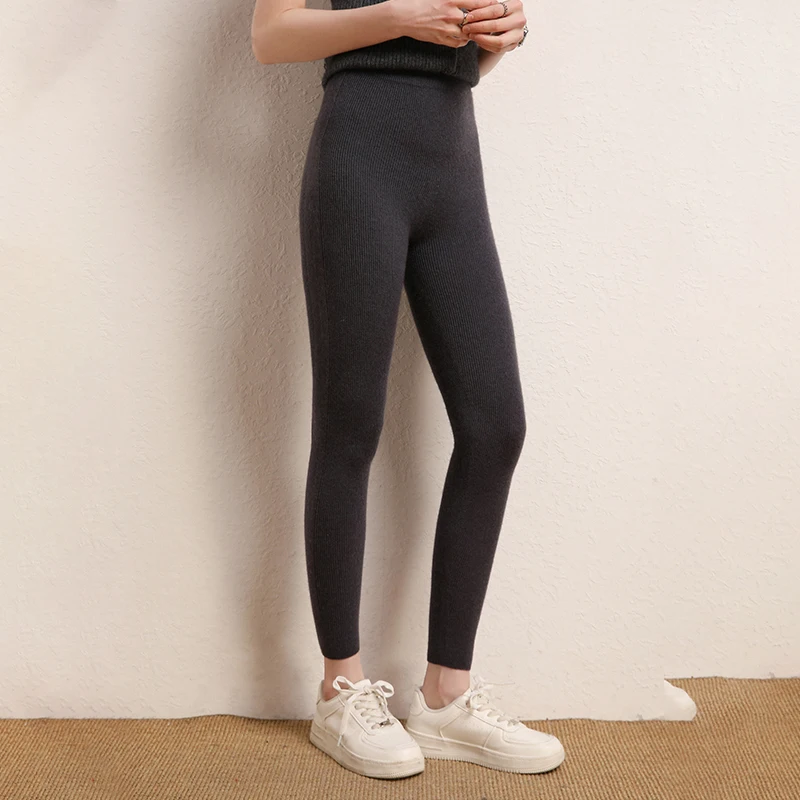 100% cashmere women's casual temperament flesh color multifunctional height repairing elastic tight pants knitted pants