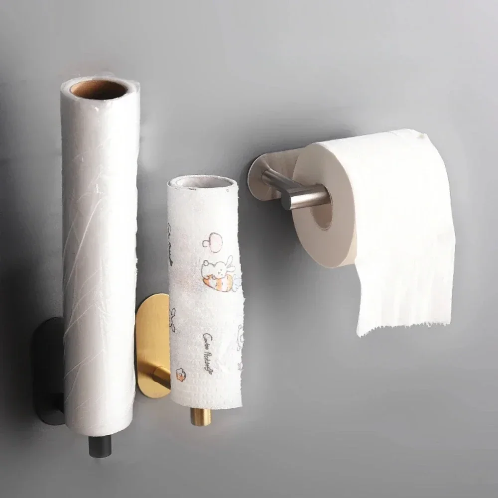 Novo suporte de papel higiênico adesivo de aço inoxidável, montagem na parede dourada, sem perfuração, dispensador de rolo de toalha de tecido, gancho de papel para banheiro