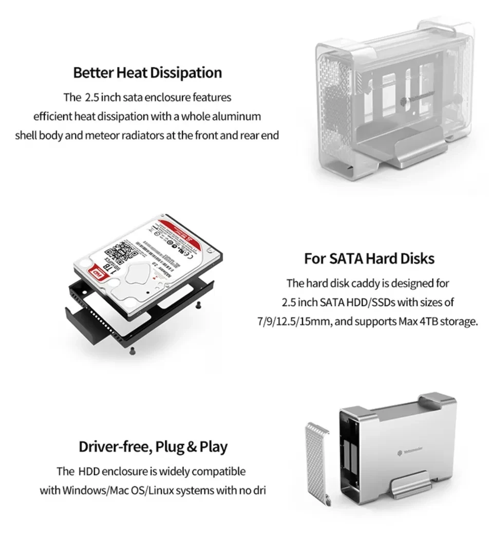 Yottamaster HOT 2,5 Zoll Festplattengehäuse HDD SSD SATA3.0 5 Gbit/s 10 Gbit/s Festplattengehäuse USB3.1 Gen2 10 Gbit/s 7–9,5 mm 7–15 mm Gehäuse – Detail 10