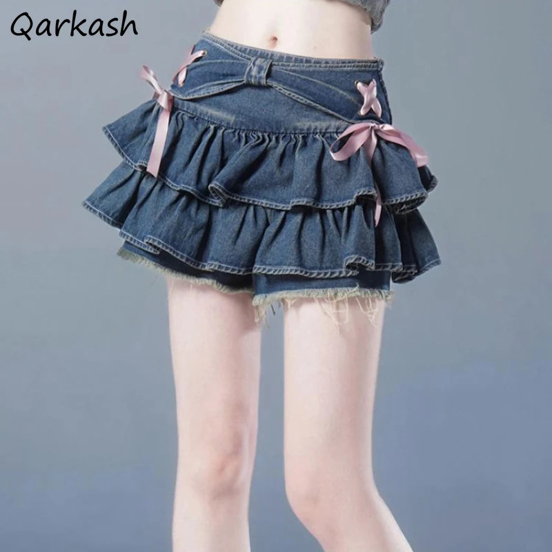 Mini Denim Skirts Women Hot Girls Sweet Kawaii Bow Vintage Y2k Clothes American Streetwear  Summer A-line Мини Юбки Gothic