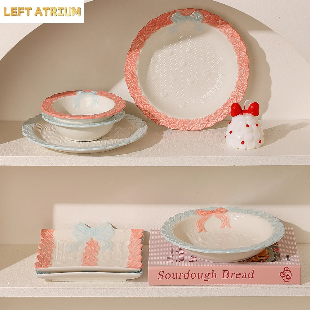 

Heart Relief Ceramic Bowl Creative Korean Style Ins Sweet Bow Homehold Porcelain Dinnerware Breakfast Fruit Salad Bowls