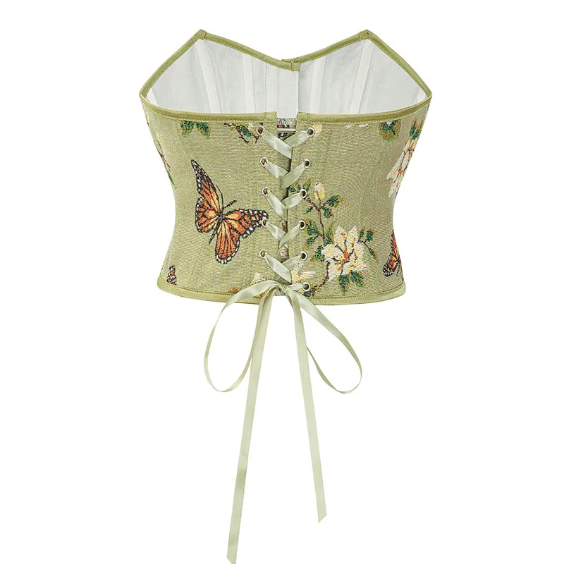 Green Flower Butterfly Printed Denim French Style Vintage Top Corset For Women 2024 Renaissance Bodice Gothic Fashion Bustier