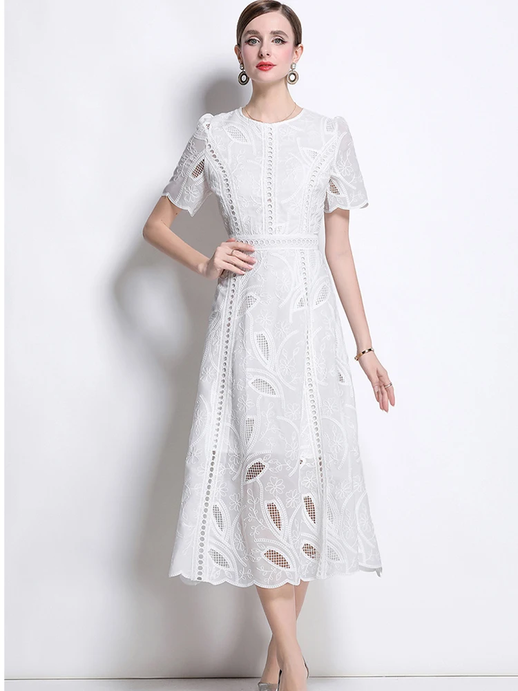 

Retro Hollowed Out Embroidered Round Neck Short Sleeved Dress 2025 New Fashionable Women'S Clothing