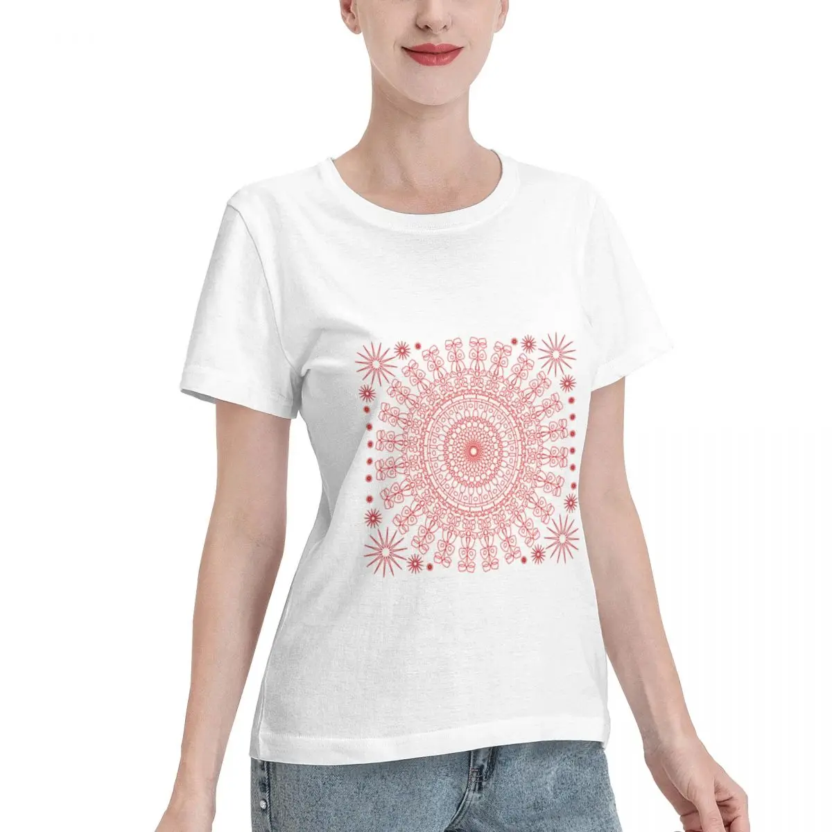 Quick Dispatch Mandala Design In Red With White Background Women's T-shirt Sports Fitness High Quality Cotton Shirt