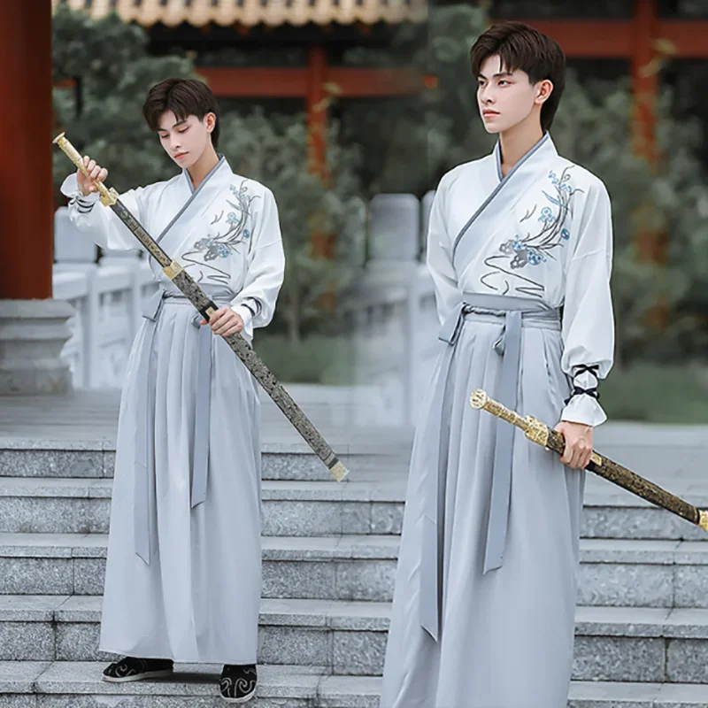 

Large Size 4XL Hanfu Dress Men Chinese Traditional Cosplay Costume 2023 Ancient Hanfu White&Gray 3pcs Sets For Men Plus Size 3XL