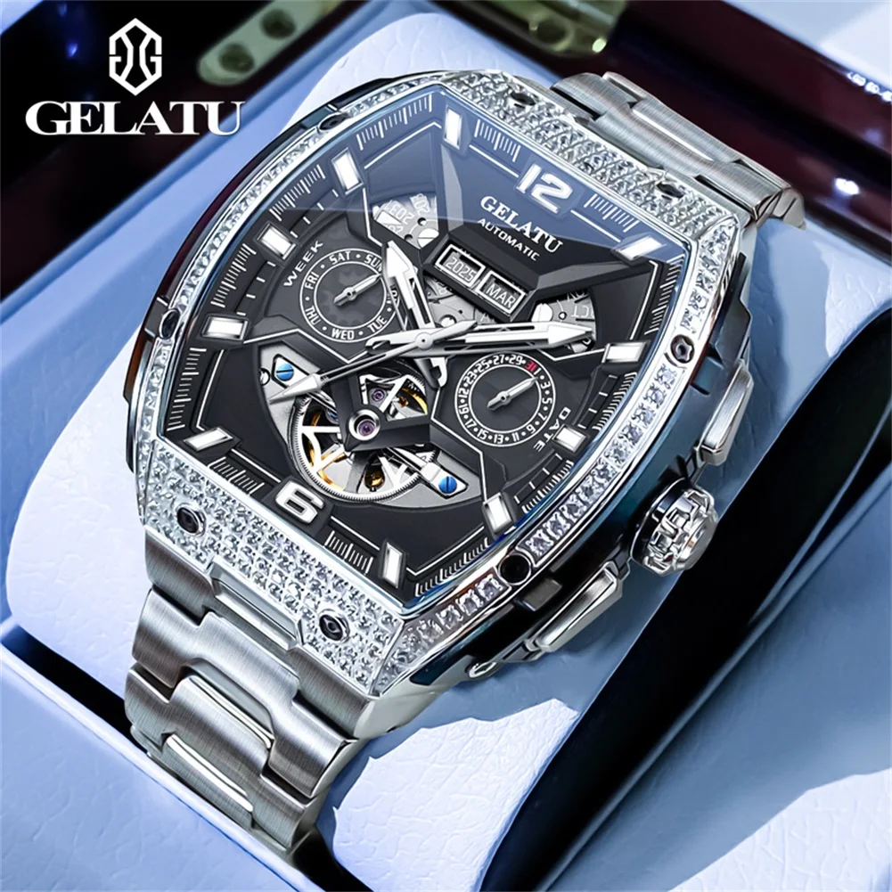 GELATU 6016 Big Dial Mechanical Watch Men Official Genuine Diamond Watch Multi functional Dial Deep Waterproof Stainless steel