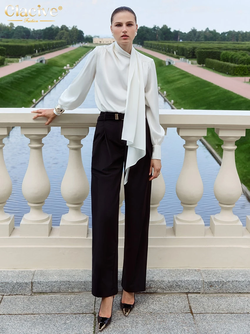 Clacive موضة فضفاضة الأبيض الساتان المرأة قميص 2025 عادية القوس طوق كم طويل قميص أنيق كلاسيكي قمة صلب الملابس النسائية