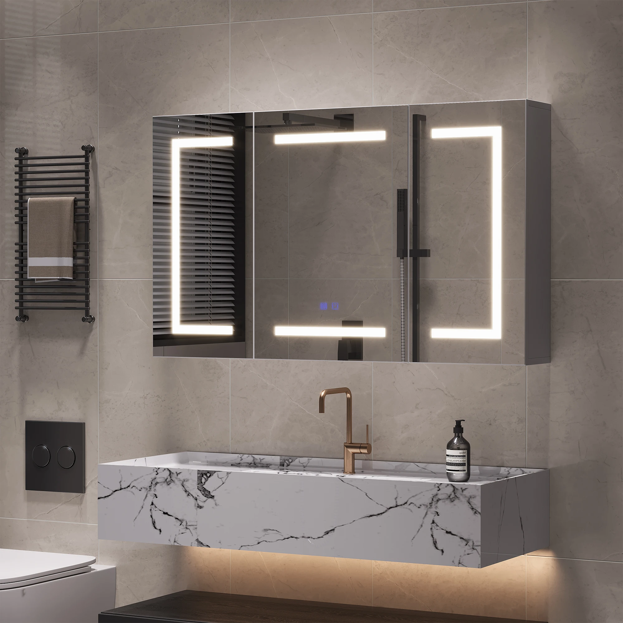 Armadietto a specchio da bagno Rosahqnda con LED, 3 ante, 100 x 60 cm, antiappannamento per bagni umidi e asciutti, luce LED a 3 colori, ripiani regolabili, USB e presa EU, montaggio a parete