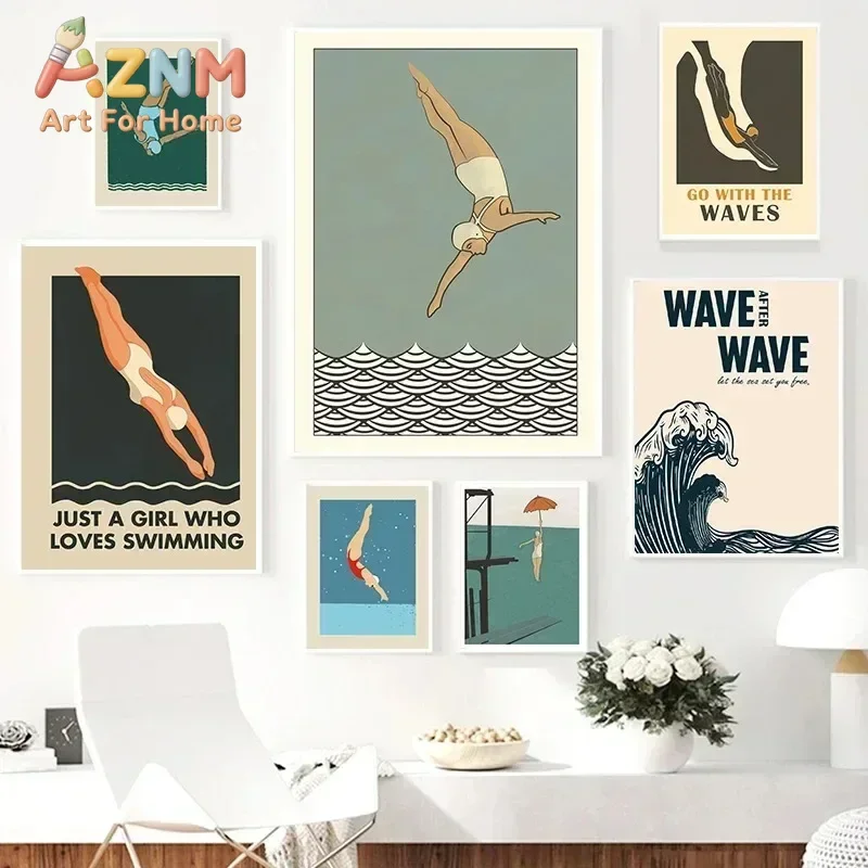 Jumping Swimming Surfing Minimalist Diver Poster Aesthetic Canvas Painting Wall Art Pictures Room Decoration Cuadros