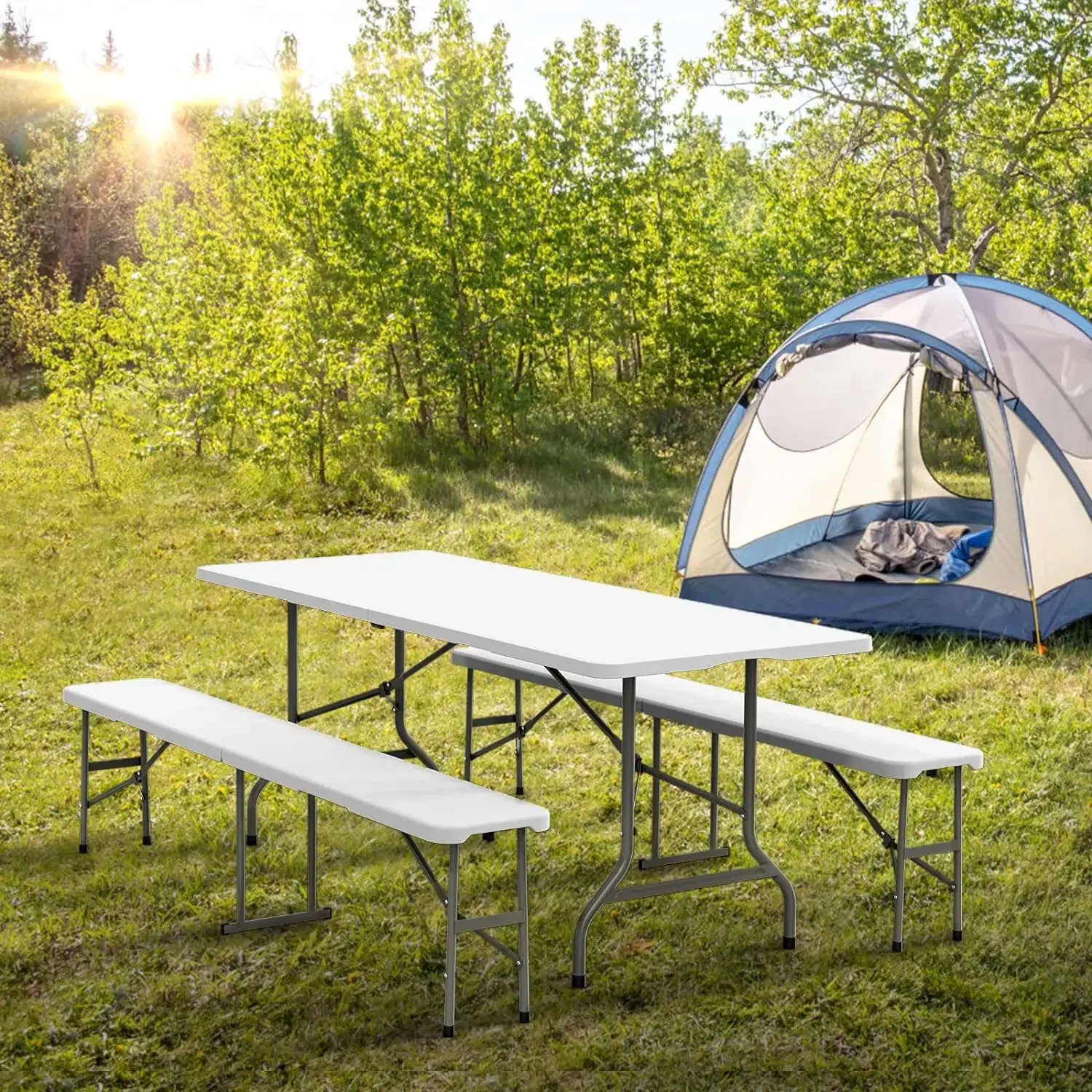 Picknick tisch mit 2 Bänken, 6 Fuß Camping Tisch Stuhl Set, 3-teilige Klapp möbel für den Innen-oder Außenbereich