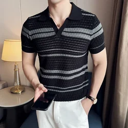 Men Polo Shirt 2024 Summer New Thin Knitted Striped Jacquard Patchwork Color Short Sleeved Casual V-neck T-shirt Men Clothing