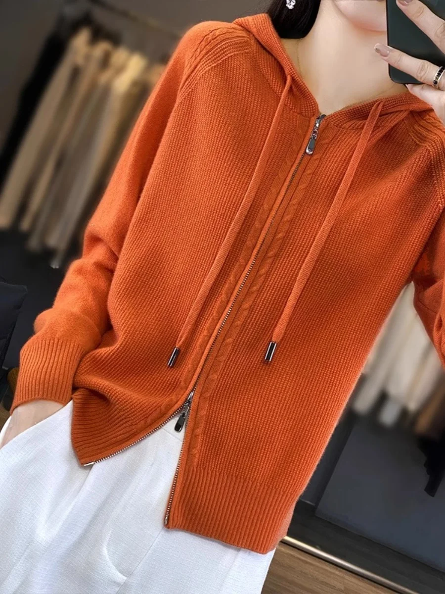 

Женский шерстяной кардиган с капюшоном на молнии, свободного кроя, осенне-зимний, повседневный, с длинными рукавами, цветной