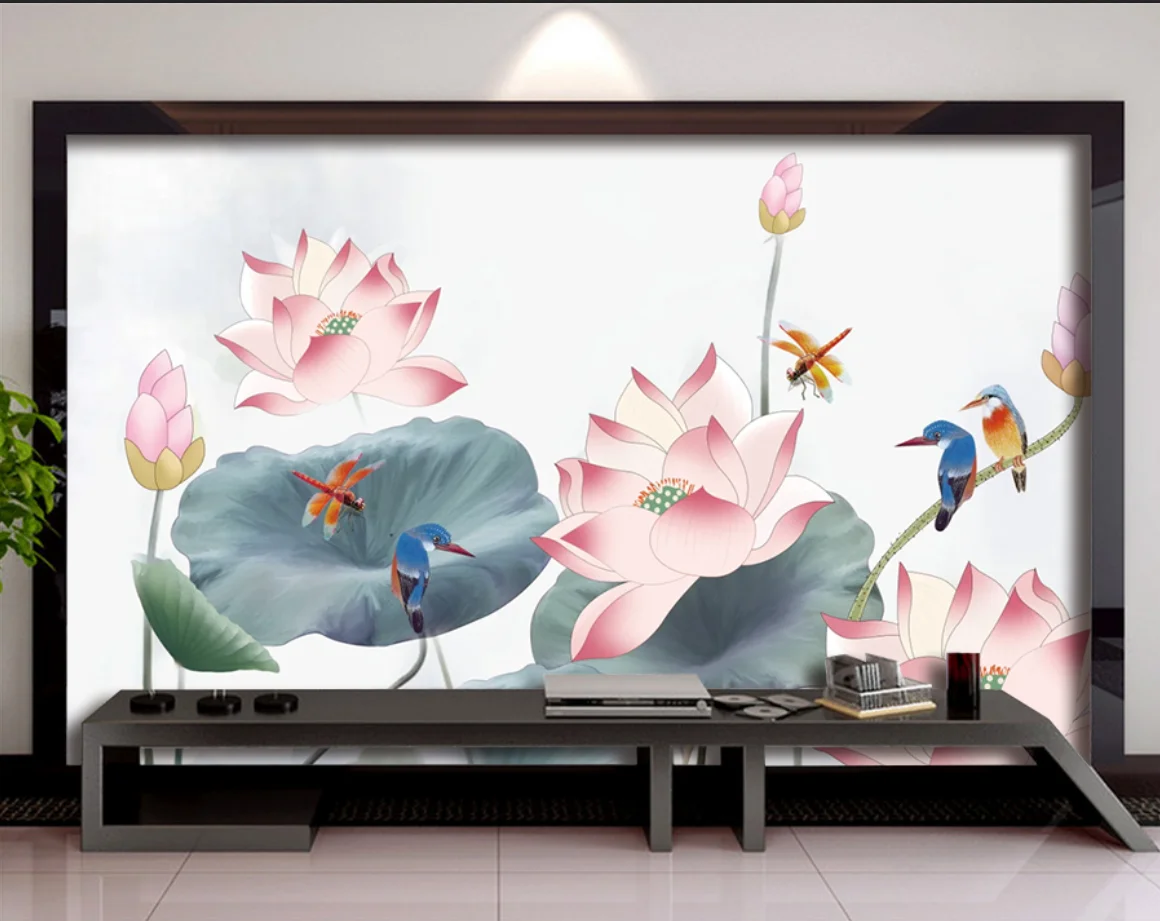 papel de parede Custom modern luxury high-grade green ink lotus Goldfish painting  living room flower Decoration wallpaper