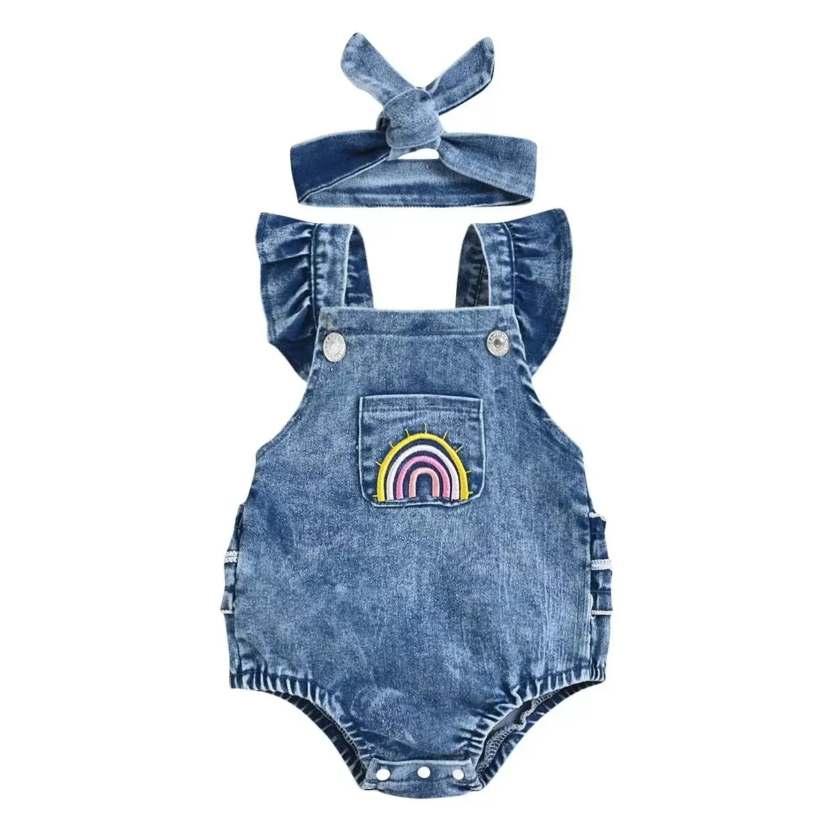 Trendy Cotton Denim Shirred Trim Sleeveless Baby Girls Jumpsuit, Infant Newborn Summer Clothing