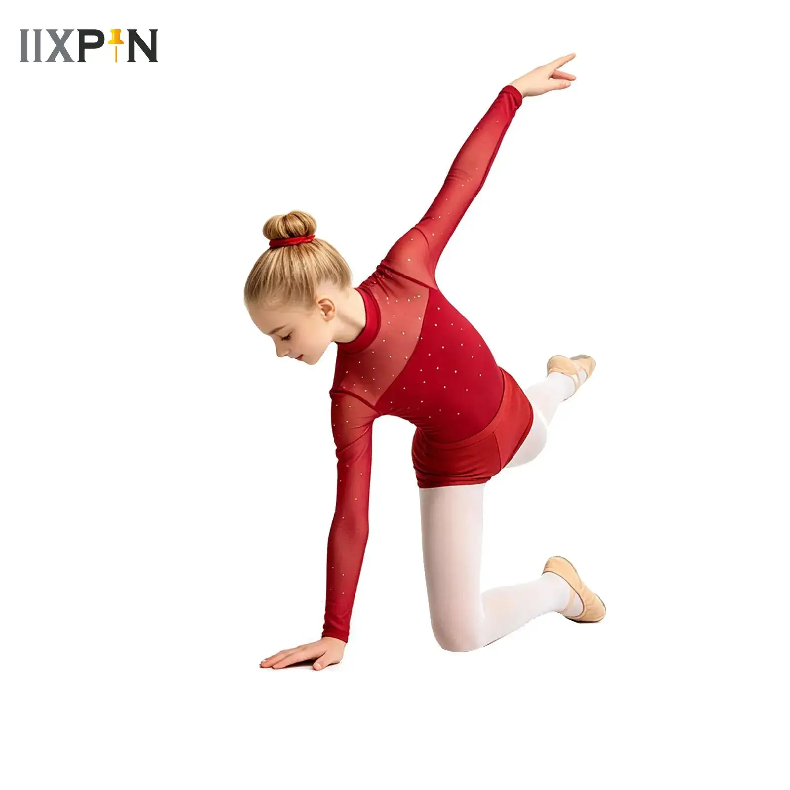 

Girls Sparkly Rhythmic Gymnastics Leotard Ballroom Ballet Figure Skating Costumes Long Sleeve Bodysuit Shorts Hair Band Suit