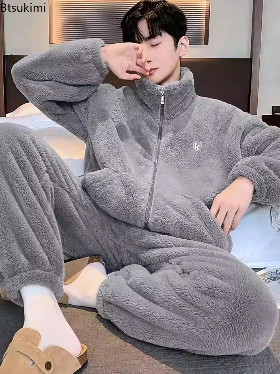High Quality Men's Pajamas Sets Winter Thickened Warm Zipper Long Sleeve Tops+Pants Nightwear 2-pieces Man Lounge Home Sleepwear