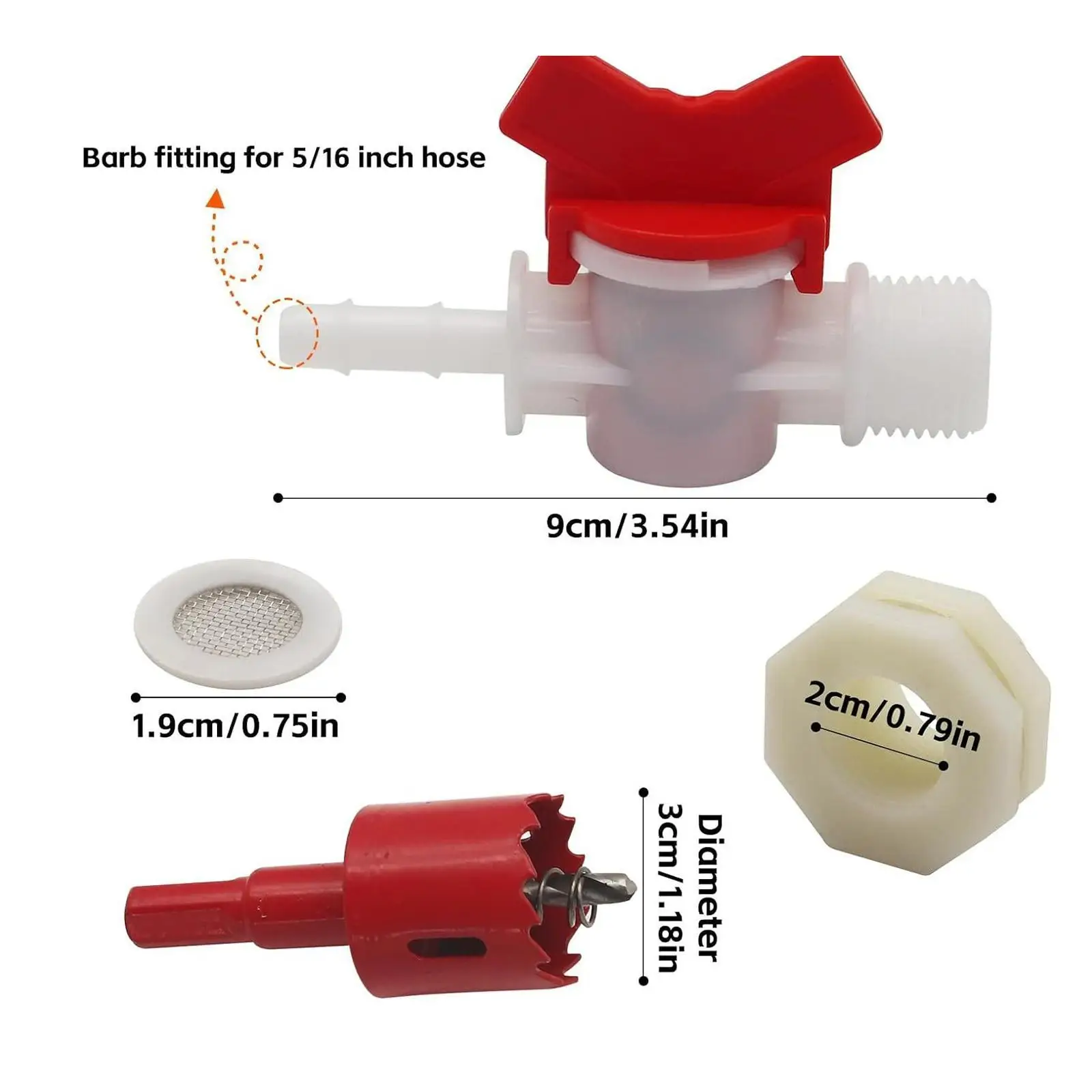 Outdoor Water Container Spigot Kit with Ball Valve and Filter Mesh for Rain Barrels Garden Tubs and Pool Fittings