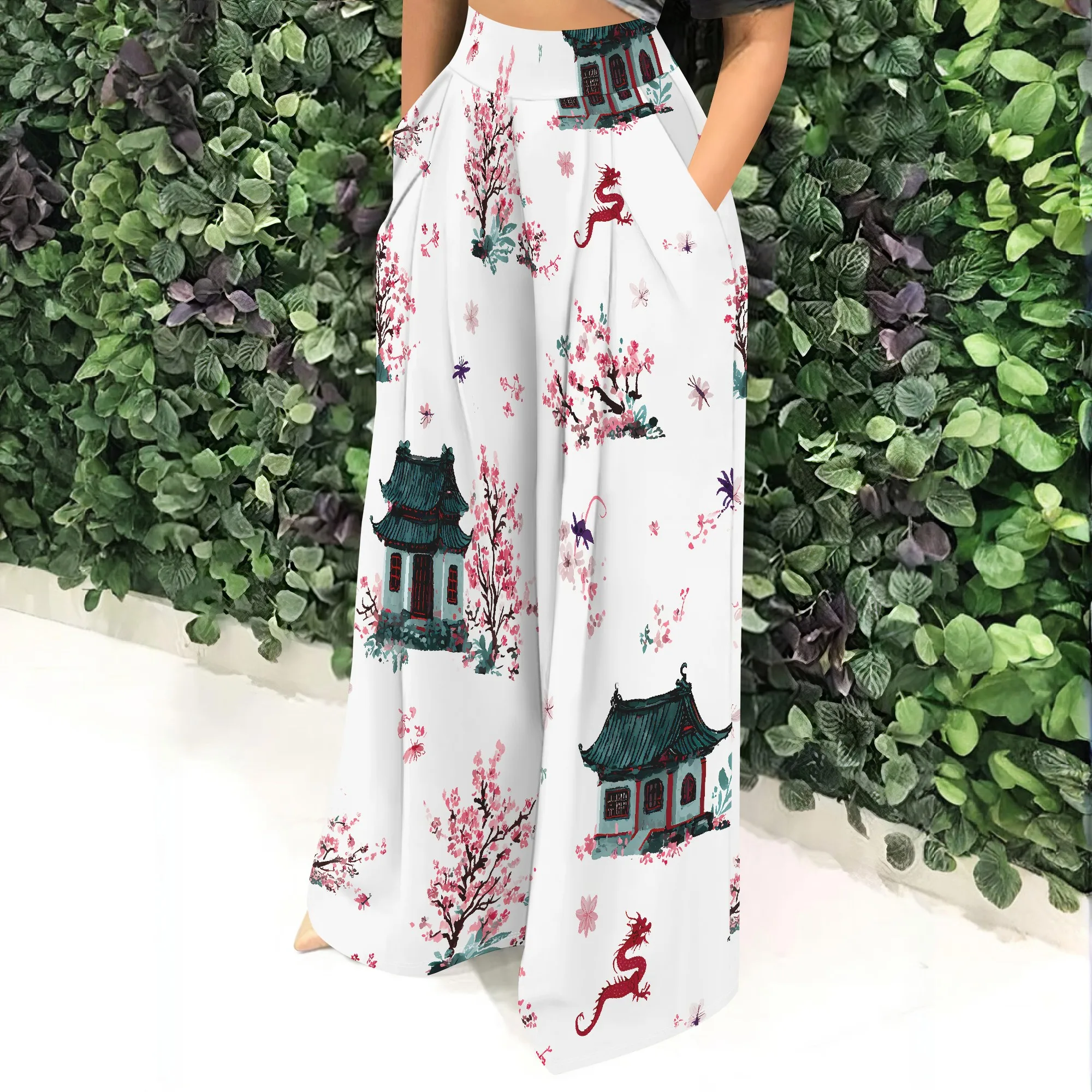 Printed High Waist Wide Leg Pants, Cherry Blossom & Pagoda Print, Dragon Pattern, Pockets, Casual Trousers for Women, S-2XL