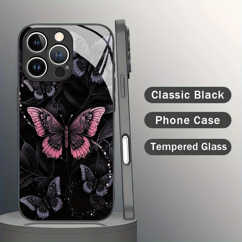 Etui na telefon ze szkła hartowanego Retro Dark Butterfly Pattern do iPhone 11 12 13 14 15 16 17 Pro Max 17Air 16E 7 8 Plus XR XS X Cover