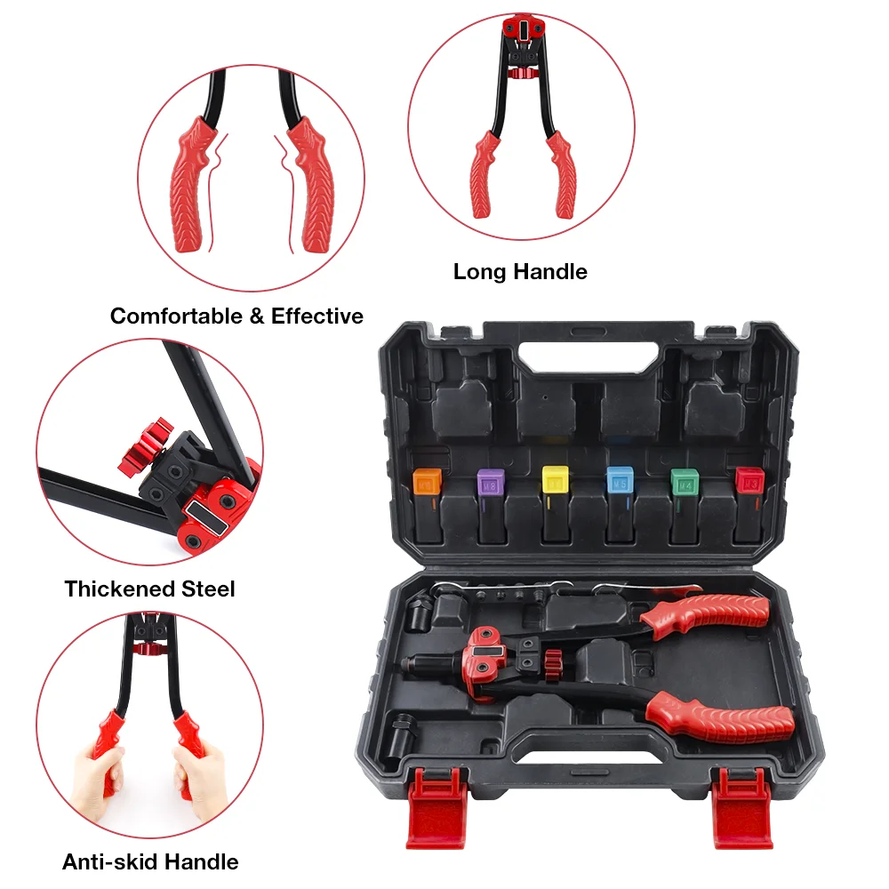 أداة صامولة برشام 3 في 1، مسدس برشام، مجموعة مخرطة، برشام يدوي جديد، أداة ملولبة احترافية، مجموعة برشام شديدة التحمل، مع 5 رؤوس برشام و6 محاور مترية