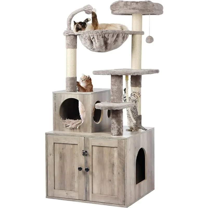 Cat tree with litter box, large cat furniture 2-in-1 tower, wooden condo with basket, scratching post, pom poms, gray