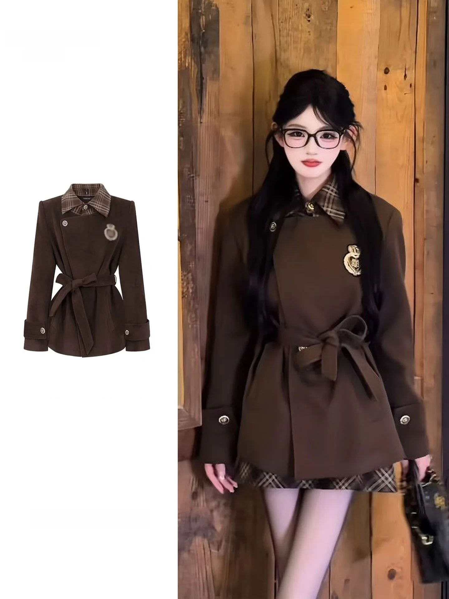 

plus Size Women's Black Plaid Woolen Suiting Jacket And Short Skirt Set Autumn Winter Fashion Thick Coat Jk Uniform Ensemble