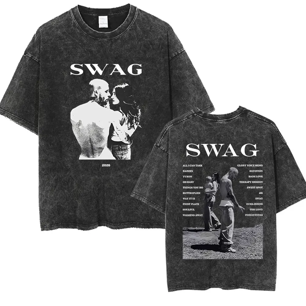مغني الراب جاستن بيبر SWAG ألبوم 2025 خمر غسلها الجرافيك تي شيرت الرجال الهيب هوب فضفاض موضة قصيرة الأكمام تي شيرت الشارع الشهير