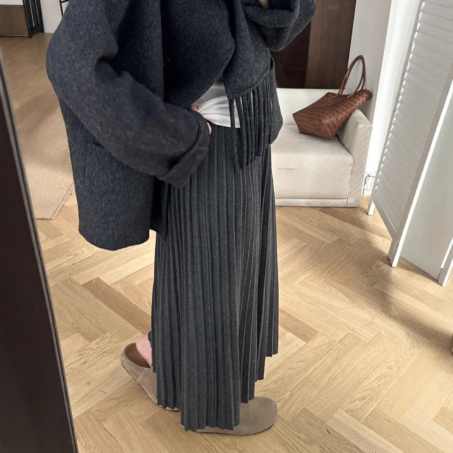 

Women's Knitted Pleated Skirt Pure Color Commuting Ankle Length Skirt Autumn Winter Korean Preppy Style Thick A-line Dress