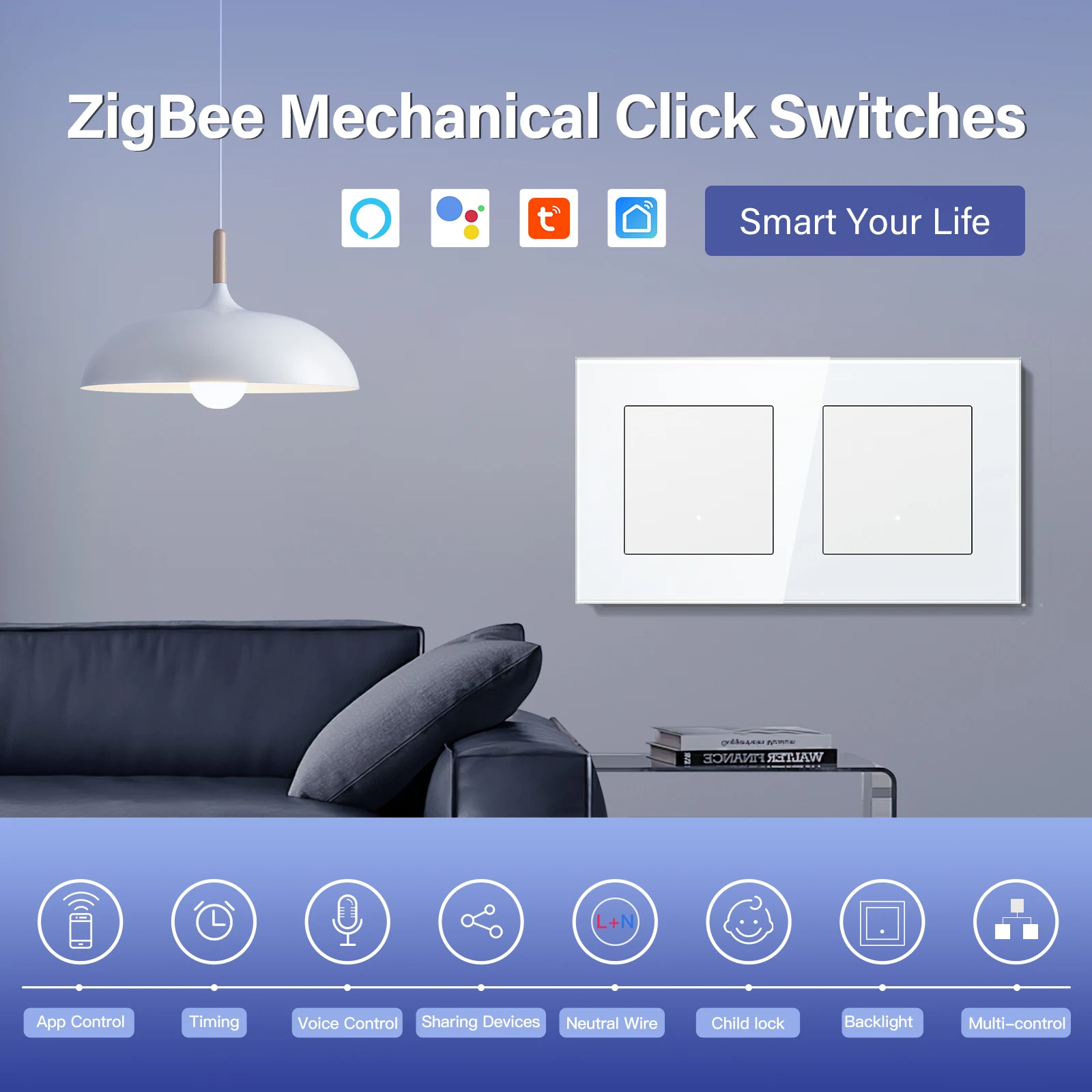 BSEED ZigBee Click Switches Series Wall Smart Click Light Switches Yellow Backlight Glass Frame Tuya APP Switch EU Standard