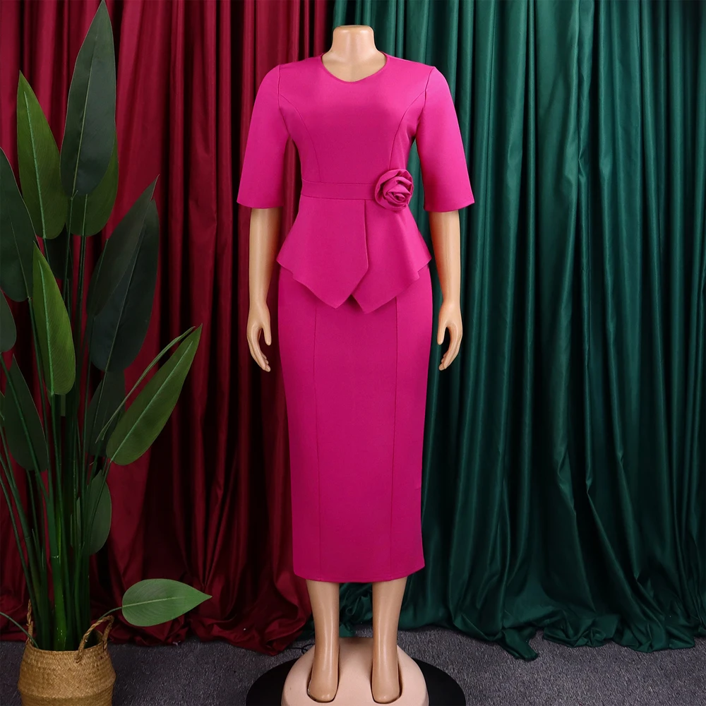 Trendige Sommerkleider für Damen, lässig, elegant, halblange Ärmel, O-Ausschnitt, Rüschen, Bürokleid, modisches afrikanisches Kleid mit 3D-Blumen – Detail 9
