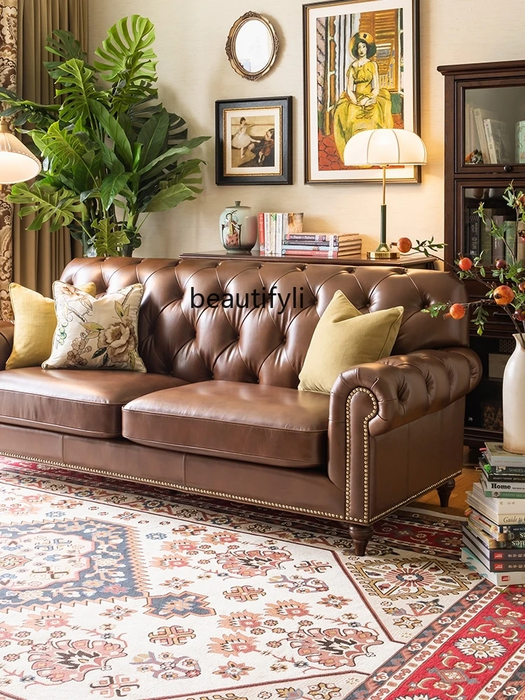 American-Style Simple Leather Straight Row Sofa First Layer Cowhide Large Villa Brown Oil Wax Leather Pedal