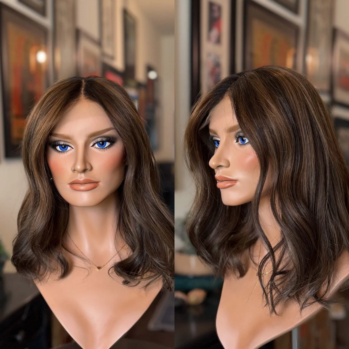 

Shoulder Loose Deep Wave Ombre Dark Brown with Blonde Streaks Synthetic Wig Ready To Ship Realistic Look Hairline Womem's Wig