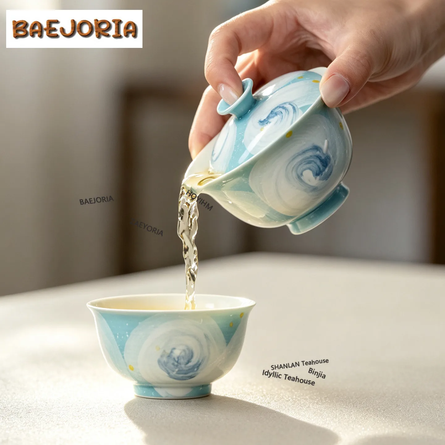 BAEJORIA Hand-painted Oil Painting Style Blue Starry Sky Travel Tea Set Kit 1 Bowl 1 Cup Tea Maker Organizer Portable Picnic Bag