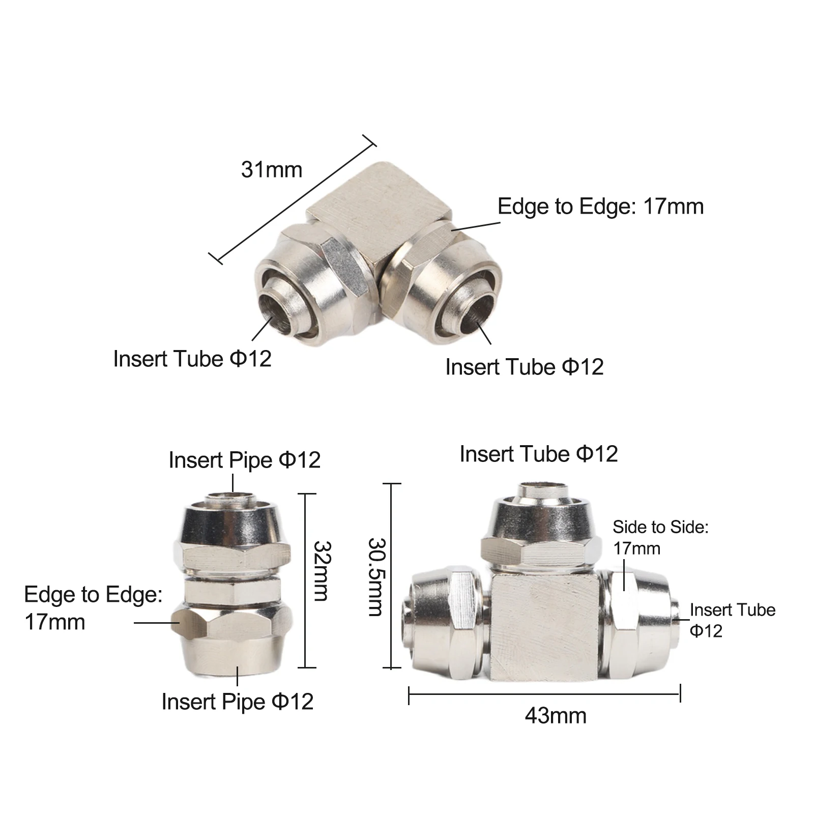 Nickel plated copper pipe connector kit 3pcs includes straight elbow and tee fittings for flexible hose connections