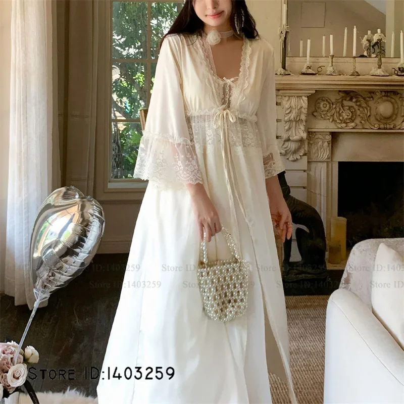 Female Twinset Robe Set Elegant French Style Lace Bathrobe Gown Sleepwear Sexy Lingerie Suspender Nightgown Silky Satin Homewear view 6