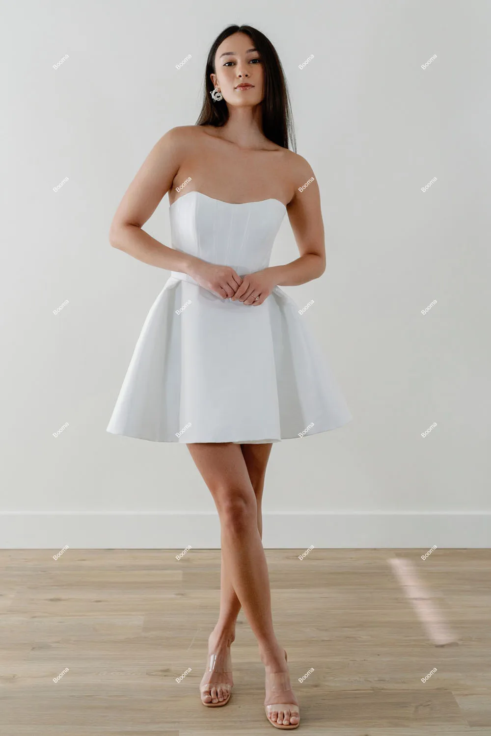 Booma-minivestido fruncido sin tirantes para mujer, vestidos de novia blancos con corte en A, Mangas desmontables, vestidos de graduación con lazo