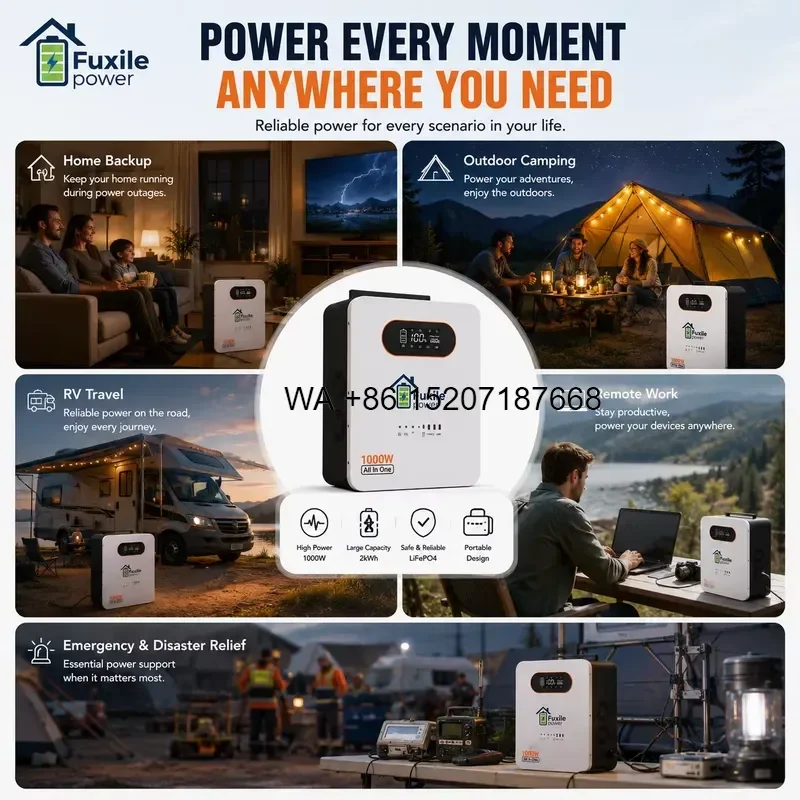 Wmwmnu 1000W 2000Wh All-in-One Solar Energy Storage System with LiFePO4 Battery Home Backup Power Station for Off-Grid Living