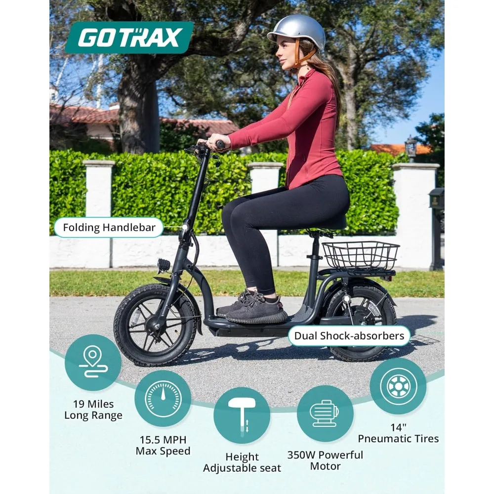 Scooter with Seat for Adult, Max 16-25miles Range, 15.5-20mph Power by 350W-500W Motor, Comfortable 14