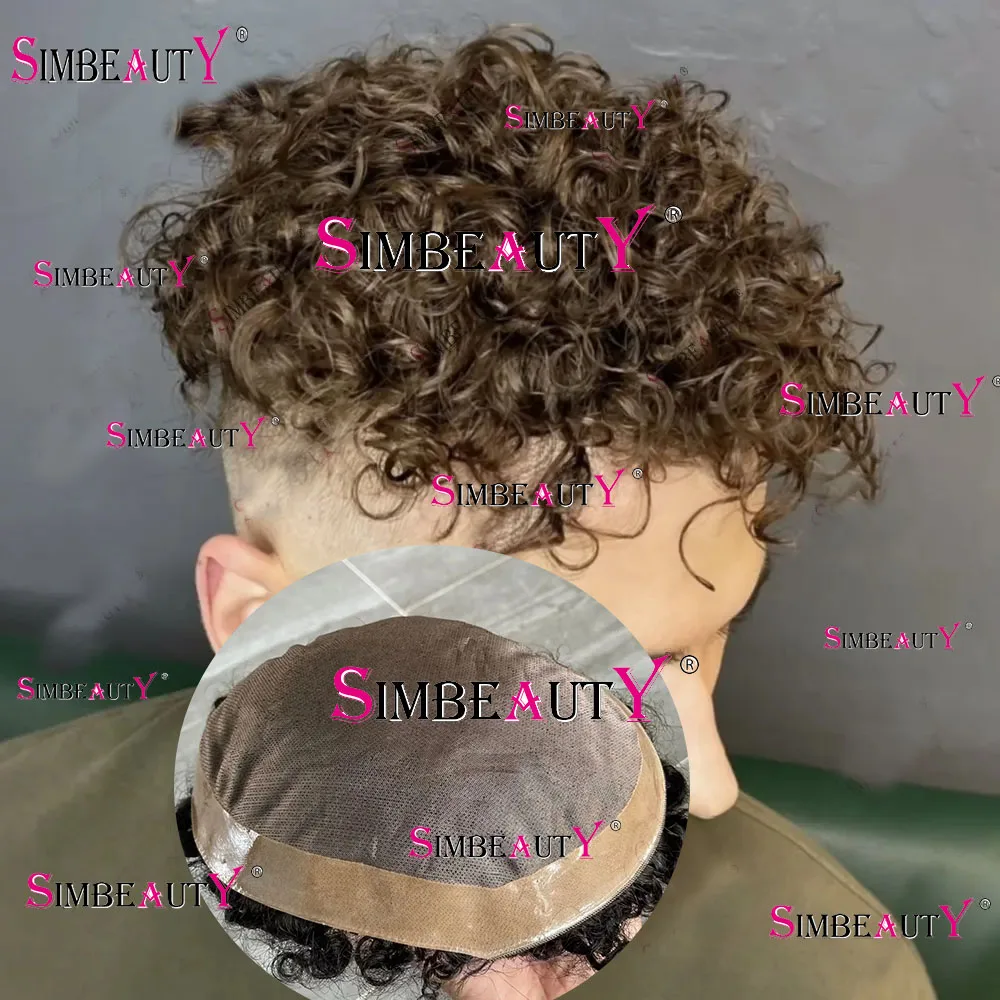 

20MM Curly Top Quality Super Man Blonde 100% Human Hair Toupee Durable Fine Mono&PU Around Men Wigs Natural Hairline Prosthesis