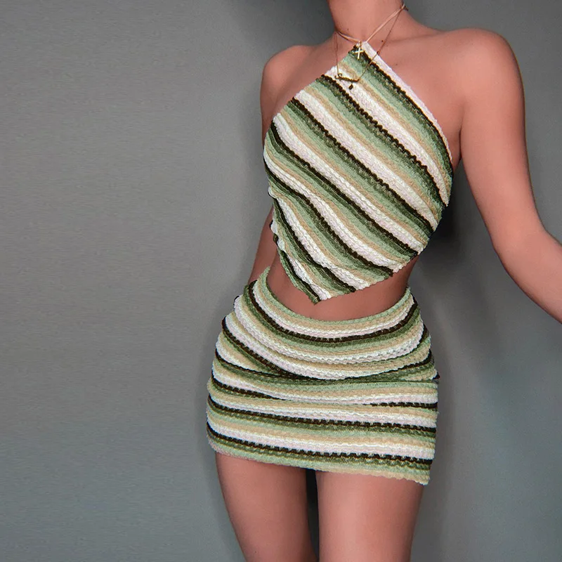 Striped Mini Skirt Knit Two Piece Set Crochet Halter Tops Elegant Sexy Outfits 2022 Women Sweaters Fashion 2 Pieces Sets Dress