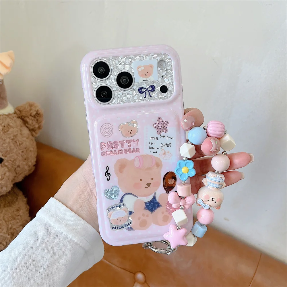 Korea Fashion Ins pink Bear Glitter Phone Case For iPhone 18 Pro 17 16 15Pro Max Cover Shockproof Cute Cases 18Promax with Chain