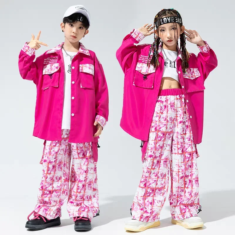 

Kids Jazz Dance Costume Boys Girls Hip Hop Performance Clothing Long Sleeve Rose Red Suit Teenage Concert Festival Stage Outfits