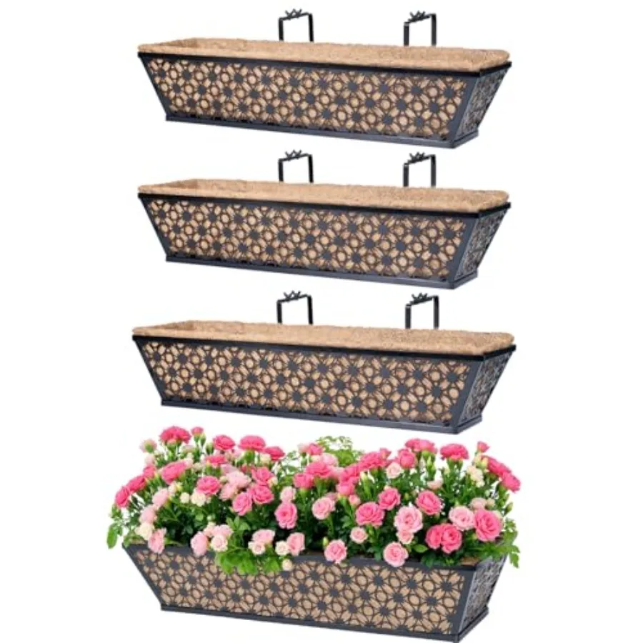 

Window Planter Box with Adjustable Bracket and Coco Liner for Porch 24 Inch 4 Pack Balcony Planters Railing Hanging Fence Patio