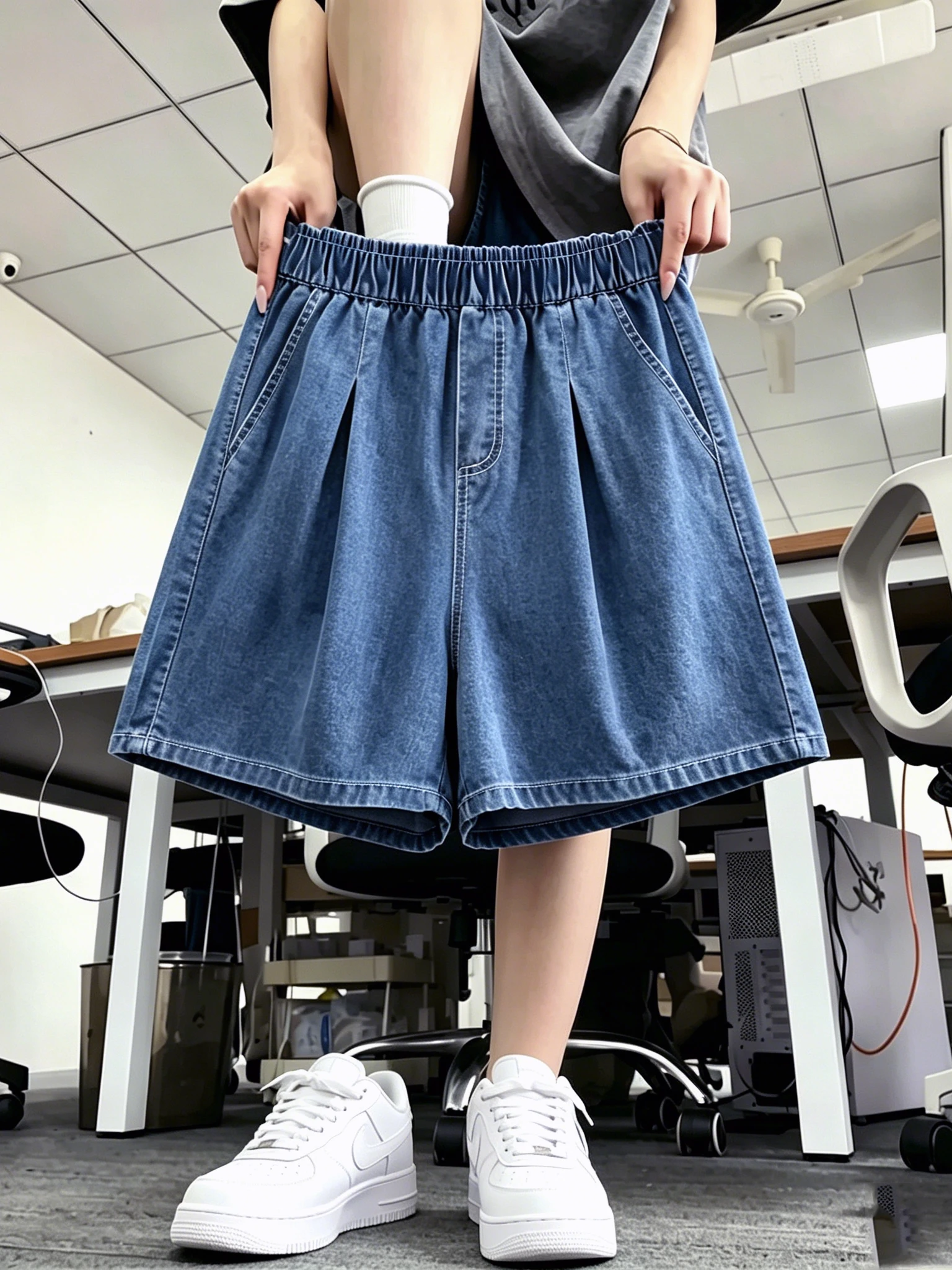 

Retro Blue Elastic Waist Washed Denim Shorts Women Summer High Waist Slim Thin Versatile A-Line Pants Five-Quarter Hot Pants