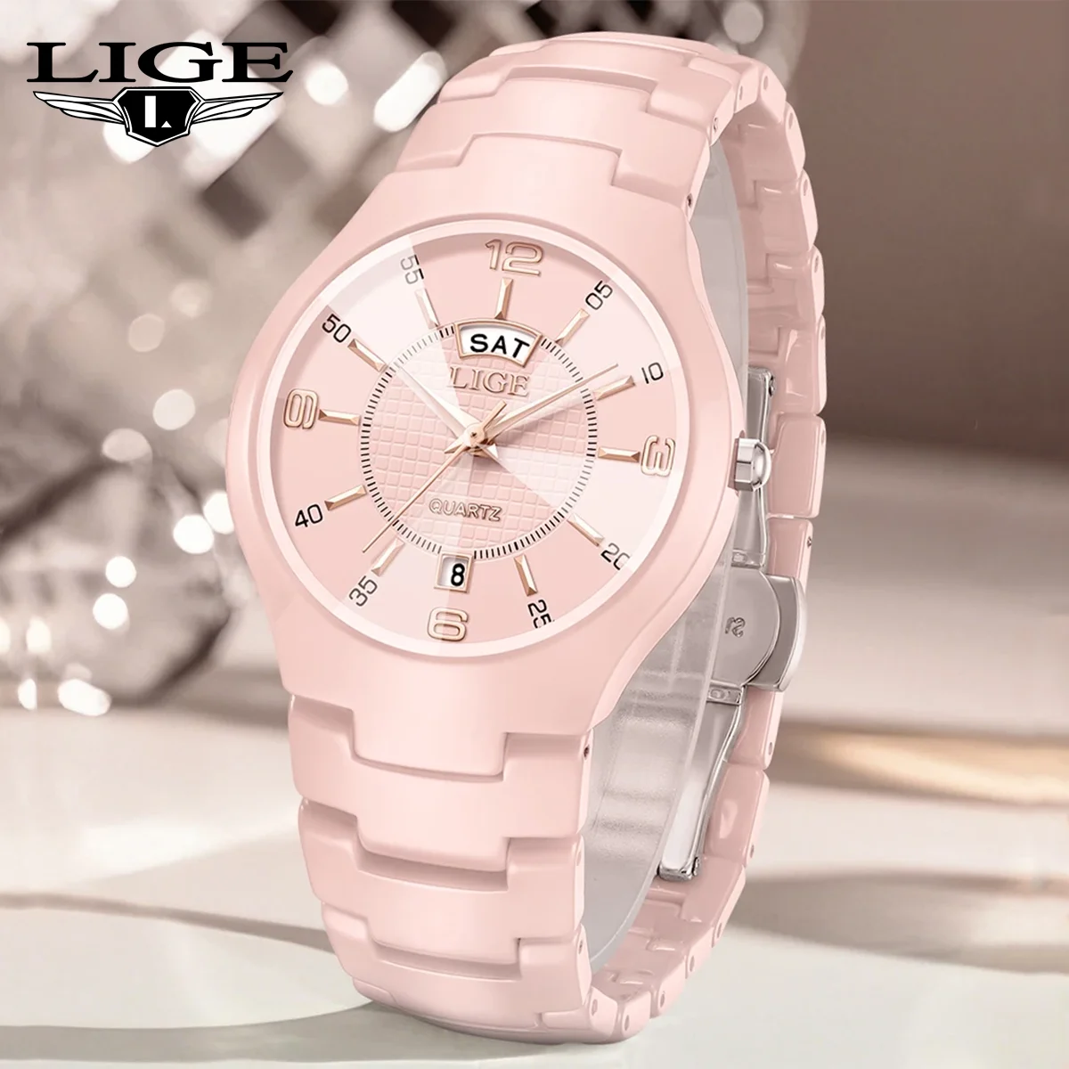 

LIGE Ceramic Women Watches Calendar Waterproof Women Wristwatches Diamond Simple Dress Watch Week Display Date Quartz Wristwatch