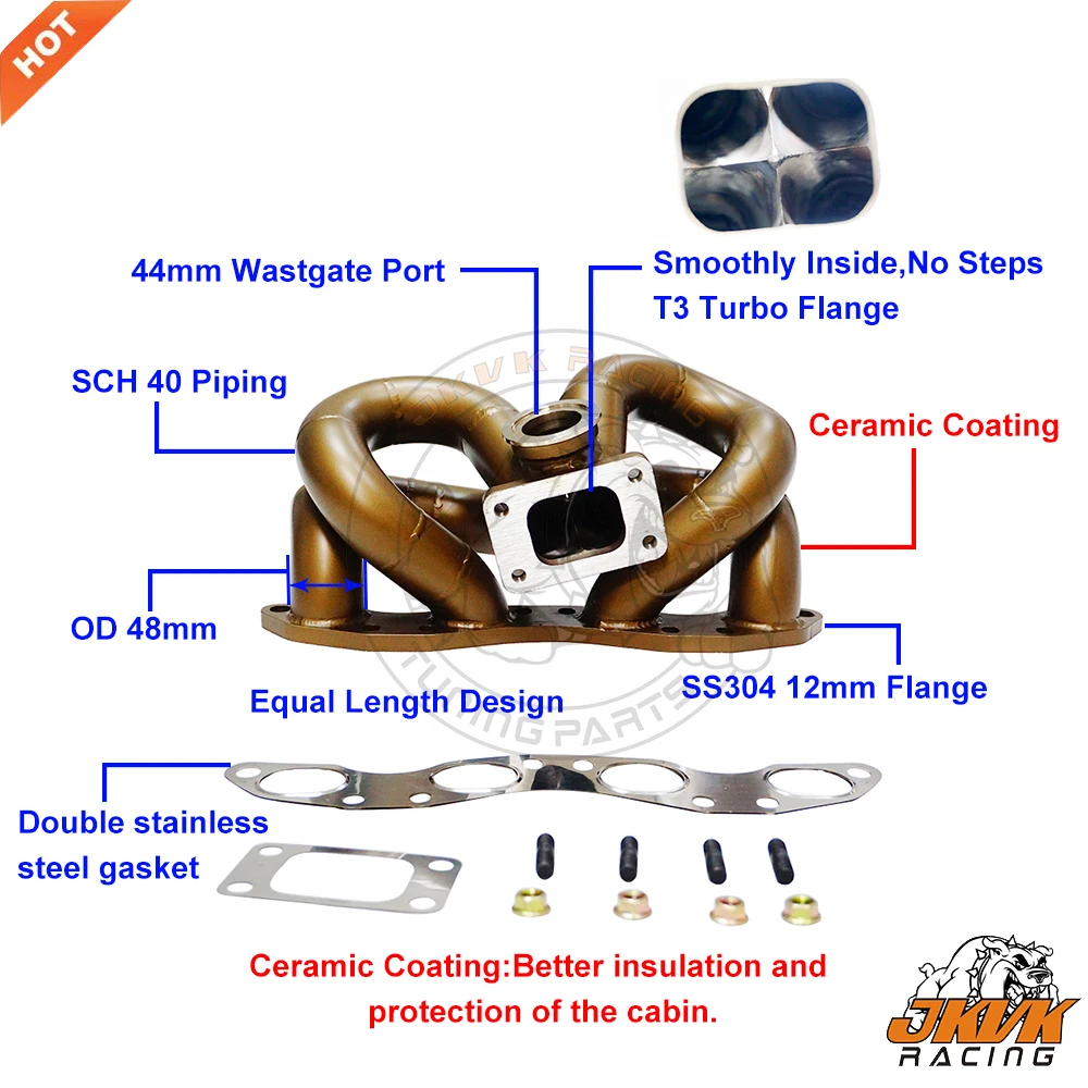 JKVK RACING Ceramic Coating 3.0mm Thick Steam Pipe 48mm OD T3 SR20DET SR20 240SX S13 S14  Top Mount Turbo Manifold