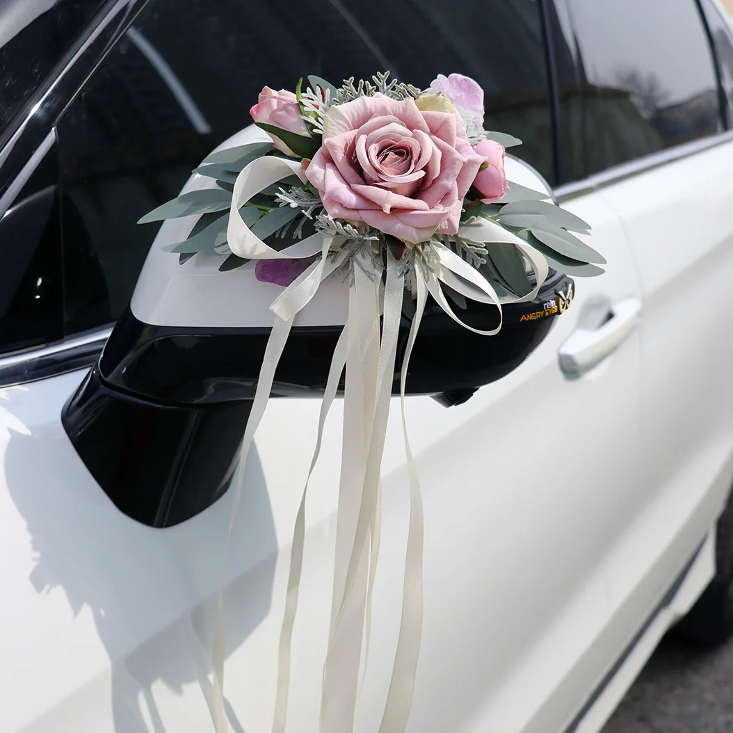 

Yannew Wedding Car Rearview Mirror Decoration Flowers Muti-purpose Car Door Handle Flower with Bow Wedding Aisle Chair Flowers