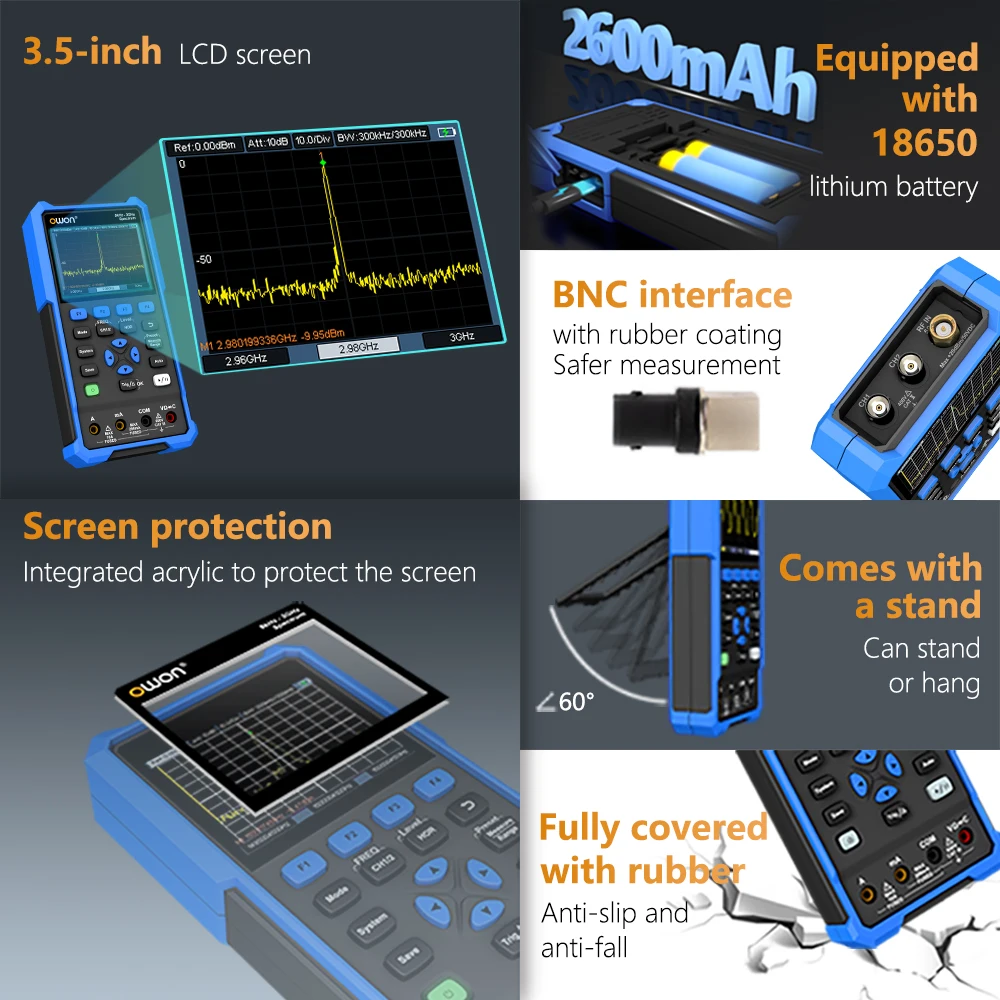 OWON HSA2000 Multifunctional 3-in-1 Tester Spectrum Analyzer + DSO Oscilloscope + True RMS Digital Multimeter Handheld Device