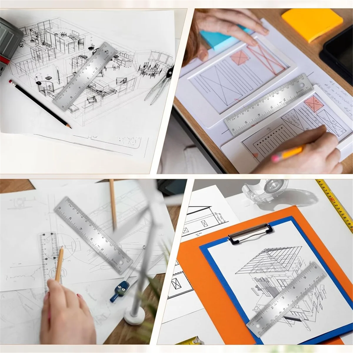 A002 3 Pcs 6-Inch Non-Slip Metal Ruler with Cork Backing Rulers Non Slip Straight Edge Cork Base Rulers for Woodworking